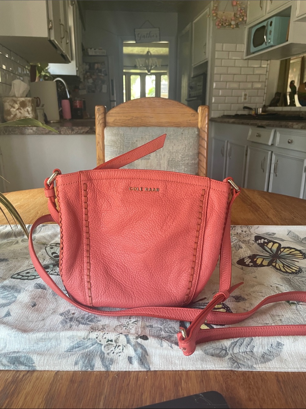 Cole Haan Coral Pink Pebbled Leather Crossbody Bag